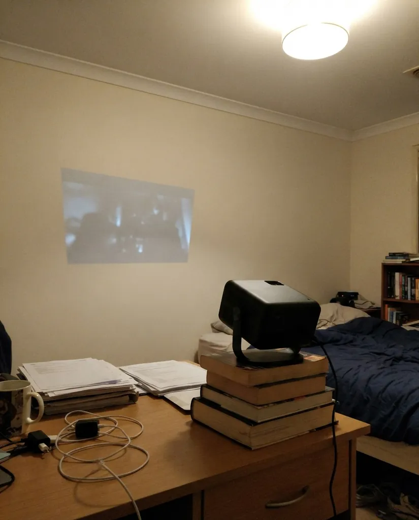 A dim, washed-out picture from a cheap projector on a bedroom wall