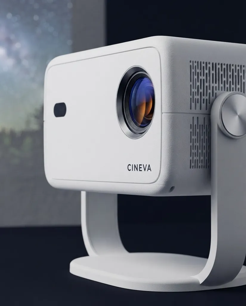 The Cineva One close up on a dark surface, its lens and stand catching the light
