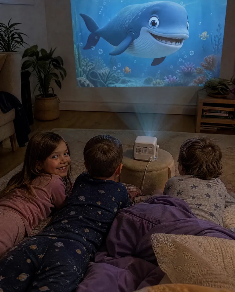 Kids wrapped in blankets on the floor watching a movie on the wall