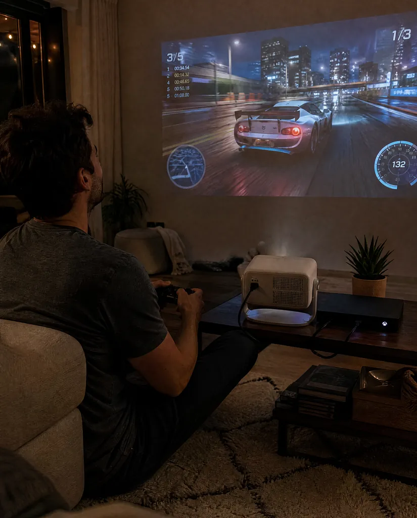 A console game on a living room wall from the Cineva One