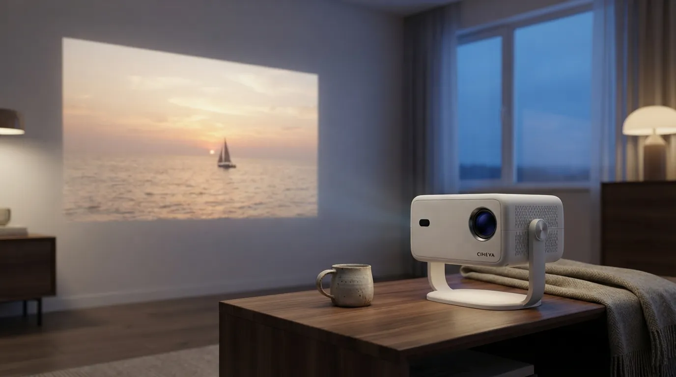 The Cineva One on a coffee table at dusk, its picture glowing on the wall