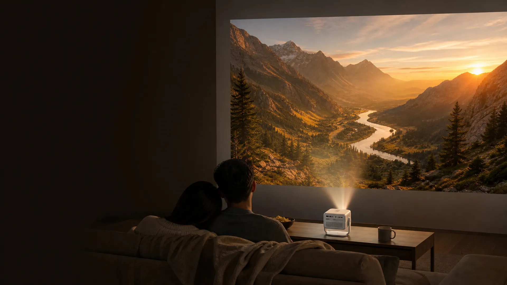 A couple on a sofa in a dark living room watching a 100-inch mountain valley picture on the wall from the Cineva One on the coffee table