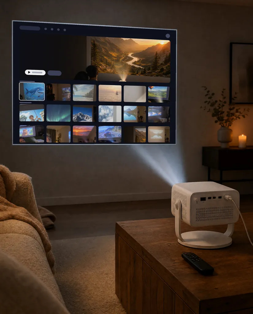 The Cineva One on a coffee table putting a streaming home screen with rows of movies on the living room wall, a lamp on beside the couch