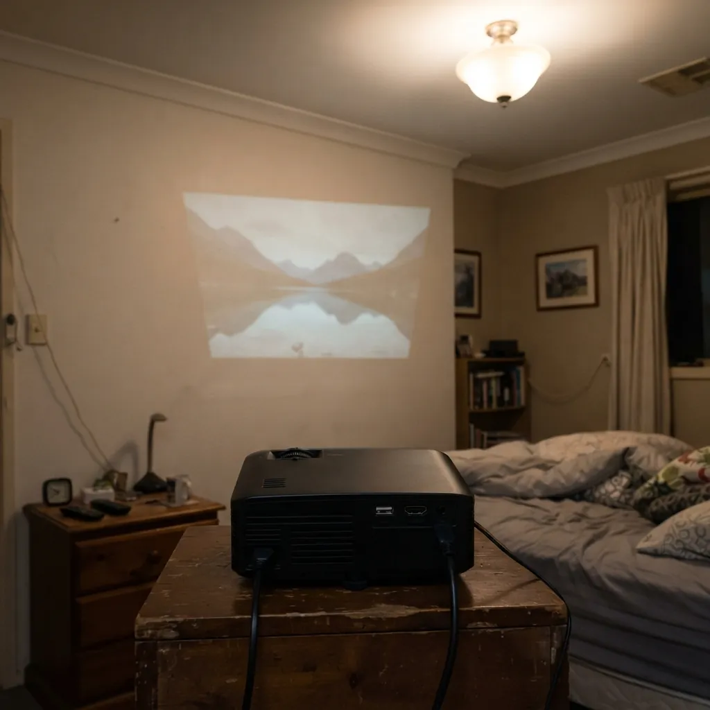 A dim, gray, soft picture from a cheap projector on a bedroom wall