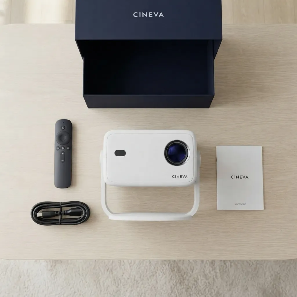 Everything in the Cineva One box: the projector on its stand, the voice remote, the power cable and the user manual