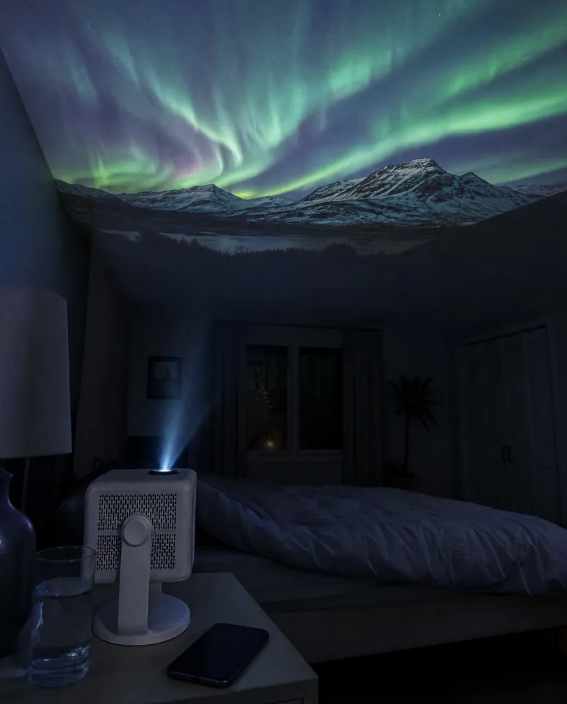 The Cineva One tilted up on its stand, throwing a picture onto the bedroom ceiling above the bed