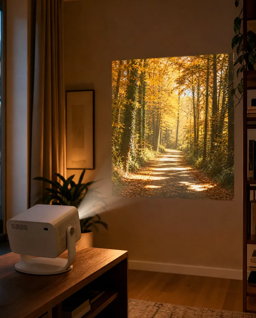 The Cineva One on a sideboard at an angle to the wall, its picture sharp and square beside a picture frame and a shelf