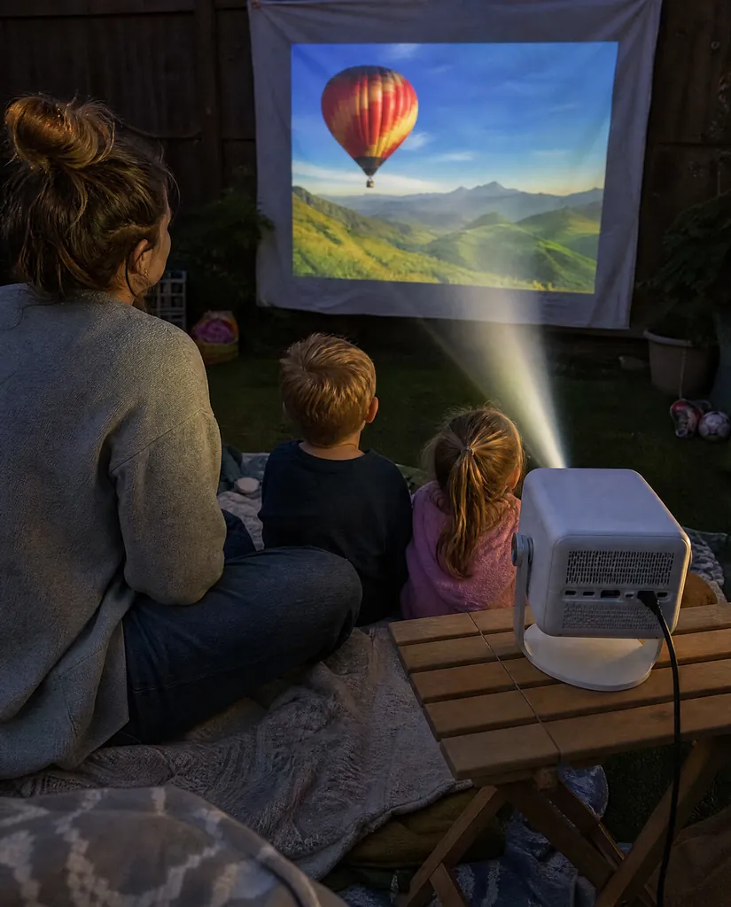 A mom and two kids on blankets in the backyard at dusk, the sky still blue, watching a bright movie on a sheet hung on the fence, the Cineva One on a small table