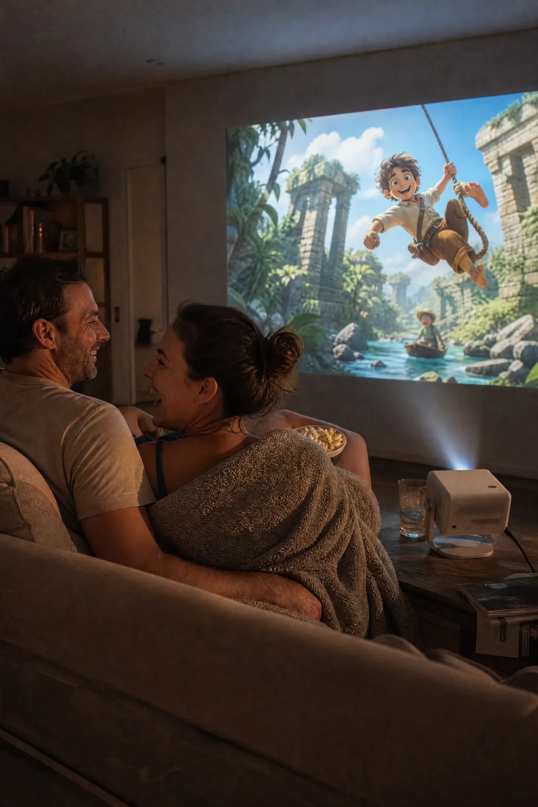 A 100-inch movie picture on a living room wall at night, the Cineva One on the coffee table in front of the couch
