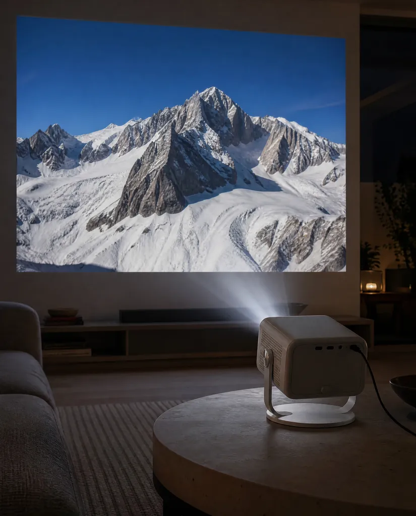 A couple on the sofa in the dark watching a sharp, bright mountain valley picture filling the wall, the Cineva One on the coffee table